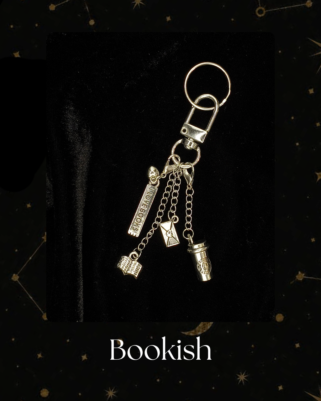Charmlet for Kindle, Kobo, e-reader,  silver-toned keychain featuring miniature book-themed charms, including a book, a letter, and a coffee cup, for Kindle, Kobo, Kindle Accessory, One More Chapter