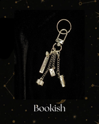 Charmlet for Kindle, Kobo, e-reader,  silver-toned keychain featuring miniature book-themed charms, including a book, a letter, and a coffee cup, for Kindle, Kobo, Kindle Accessory, One More Chapter