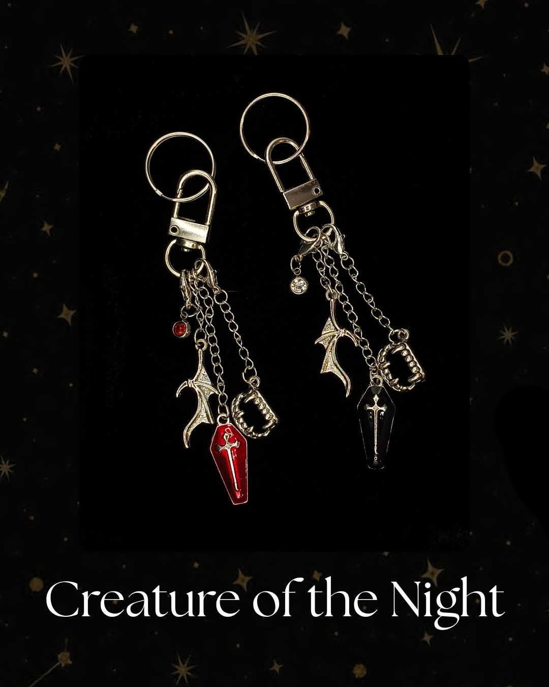 Charmlet for Kindle or e-reader, gothic-themed chain with silver-tone chains and charms, featuring a coffin charm, bat wing and vampire teeth, for Kindle, Kindle Accessory, Kobo, One More Chapter