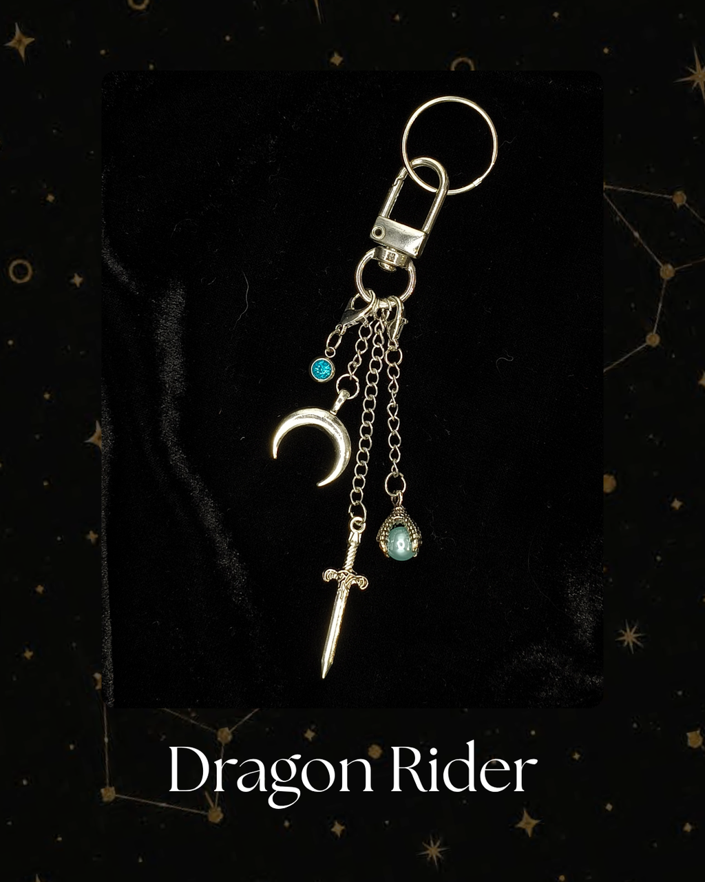 Charmlet for Kindle or e-reader, A silver-toned dragon rider keychain featuring a crescent moon, sword, and gemstone charms, Kindle Accessory, Kobo, Kindle, One More Chapter