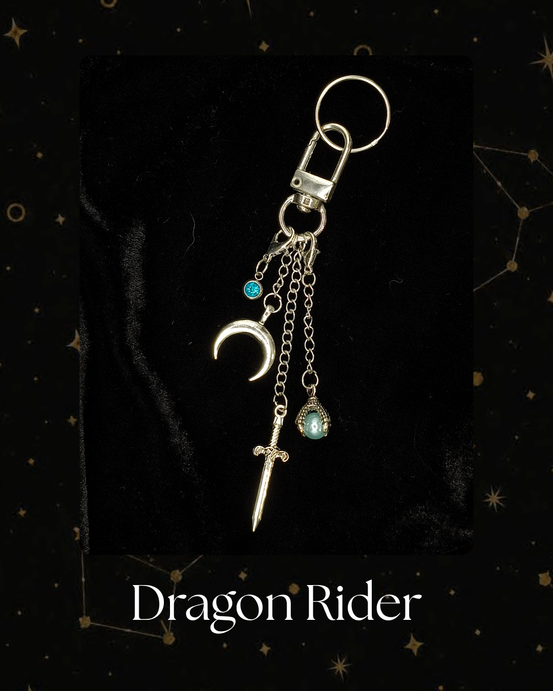 Charmlet for Kindle or e-reader, A silver-toned dragon rider keychain featuring a crescent moon, sword, and gemstone charms, Kindle Accessory, Kobo, Kindle, One More Chapter