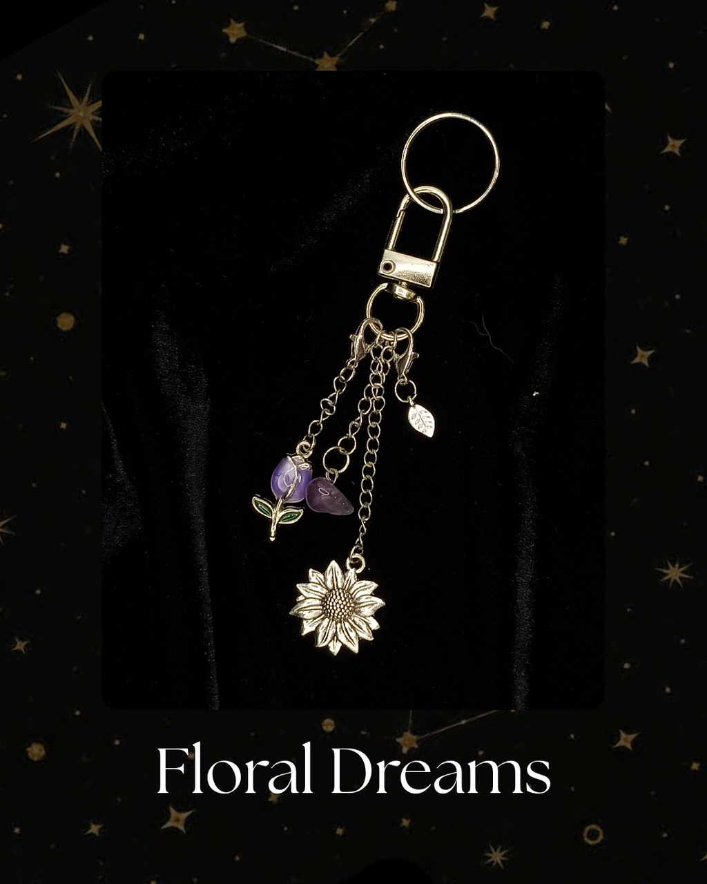Charmlet, for Kindle, Kobo, e-reader, A floral-themed keychain charm with silver-toned metal hardware, featuring a daisy flower, purple gemstone beads, and a small green leaf charm, Kindle Accessory, Kindle, Kobo, One More Chapter