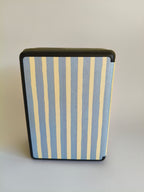 One More Chapter Premium Kindle Case in Rainy Sunday – single closed folio standing upright, dusty blue and cream vertical stripe, back view