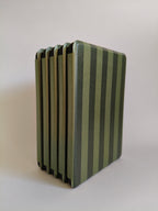 One More Chapter Premium Kindle Case in Midnight Library – six olive and dark green stripe folios fanned upright, spine-side view, front facing