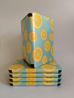 One More Chapter Premium Kindle Case in Lemon Grove – sky blue with lemon slice print folio, open case standing upright on stack of closed cases