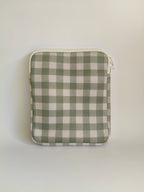 One More Chapter E-reader Sleeve in Booked for Brunch – single padded sleeve back view, sage green and cream gingham with white zip closure