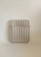 One More Chapter E-reader Sleeve in Barista Blend – single padded sleeve front view, warm cream and taupe vertical stripe with white zip and front pocket