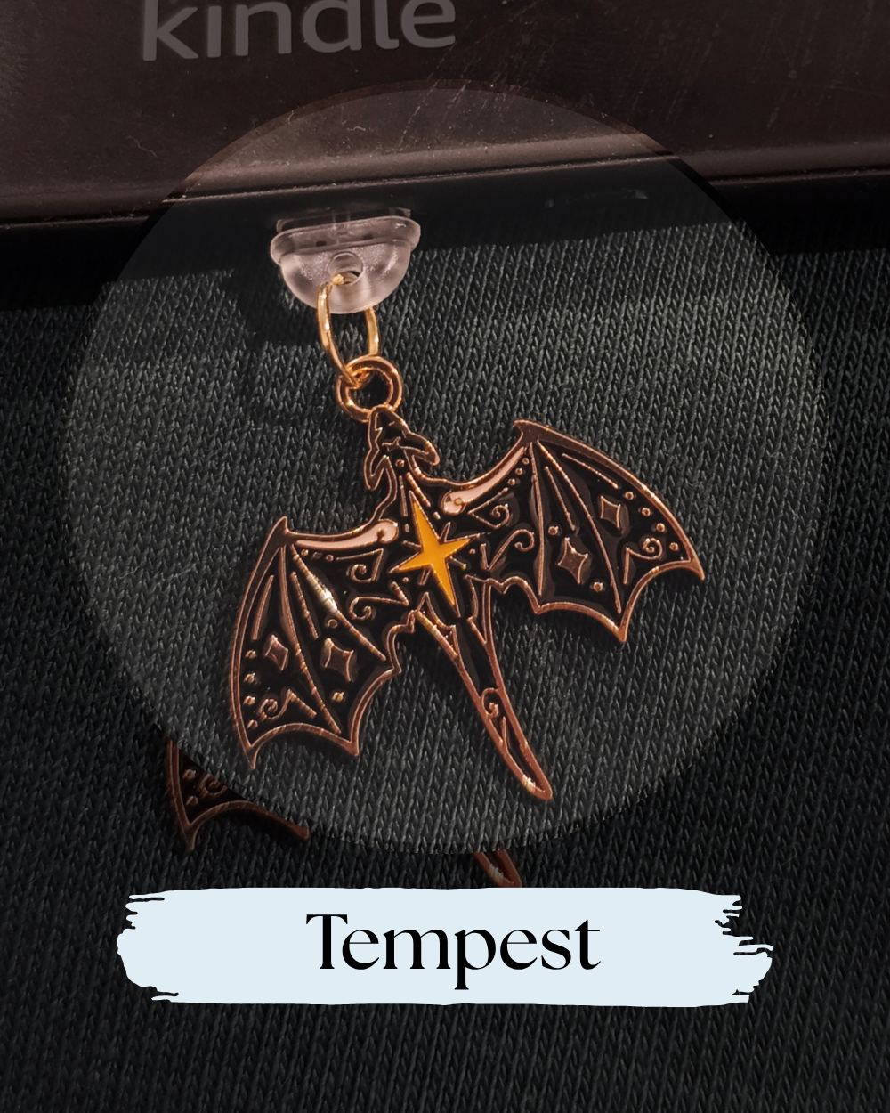 Dust plug, Kindle or e-reader accessory, Copper and Black dragon with wings spread wide  and a central gold star, Kindle Accessory, Kindle, Kobo, One More Chapter
