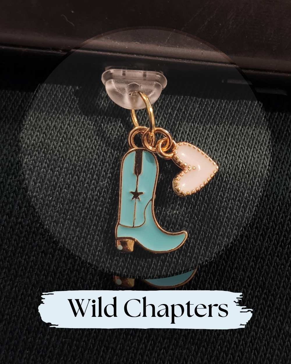 Dust plug for Kindle, e-reader, A turquoise and gold cowboy boot charm with a small heart charm, Kindle accessory, for Kindle, Kobo, One More Chapter