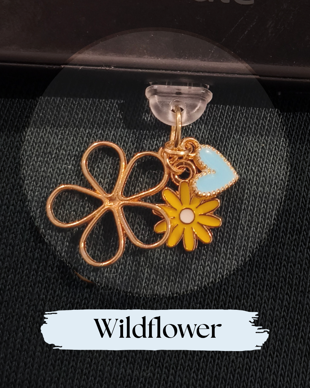 Dust plug for Kindle, e-reader, A gold-tone flower charm accessory with a four-petal outline flower, a yellow daisy charm, and a light blue enamel heart charm, Kindle Accessory, for Kindle, Kobo, One More Chapter